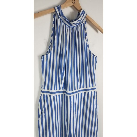J. Crew Women's Sz. 4 Blue & White Cotton Wide Leg Halter Jumpsuit - Picture 4 of 9